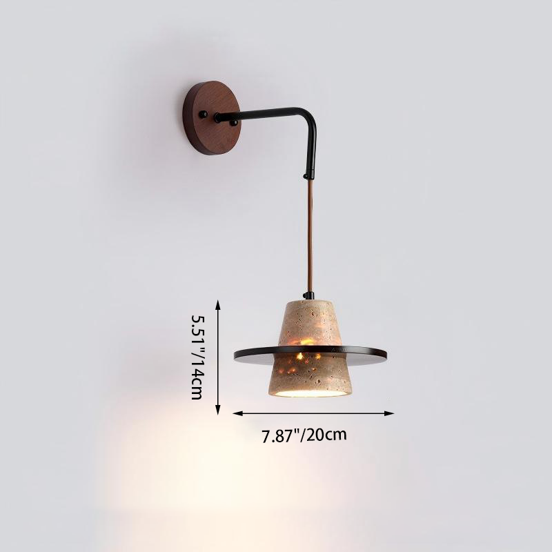 Traditional Japanese Travertine Solid Wood Round Cone 1-Light Wall Sconce Lamp For Living Room