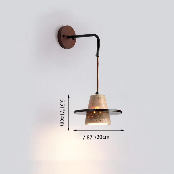 Traditional Japanese Travertine Solid Wood Round Cone 1-Light Wall Sconce Lamp For Living Room