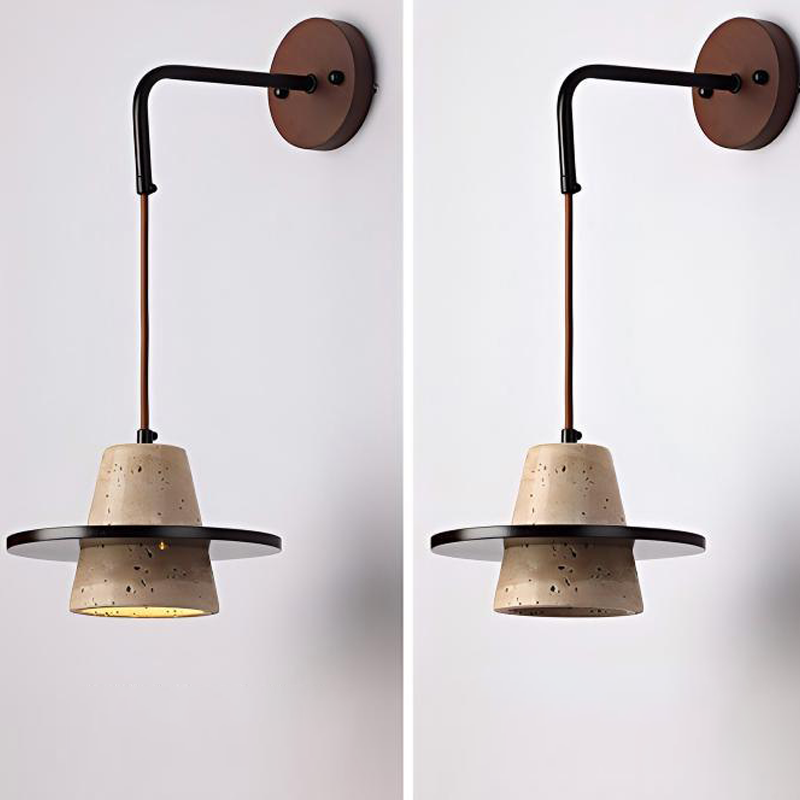 Traditional Japanese Travertine Solid Wood Round Cone 1-Light Wall Sconce Lamp For Living Room