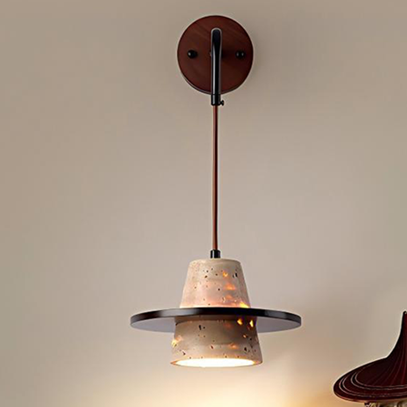 Traditional Japanese Travertine Solid Wood Round Cone 1-Light Wall Sconce Lamp For Living Room