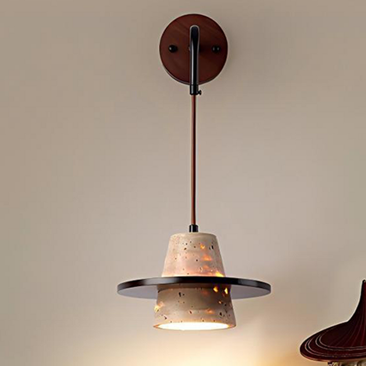 Traditional Japanese Travertine Solid Wood Round Cone 1-Light Wall Sconce Lamp For Living Room