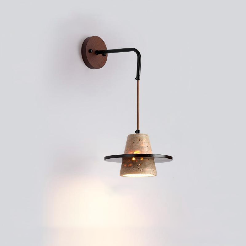 Traditional Japanese Travertine Solid Wood Round Cone 1-Light Wall Sconce Lamp For Living Room