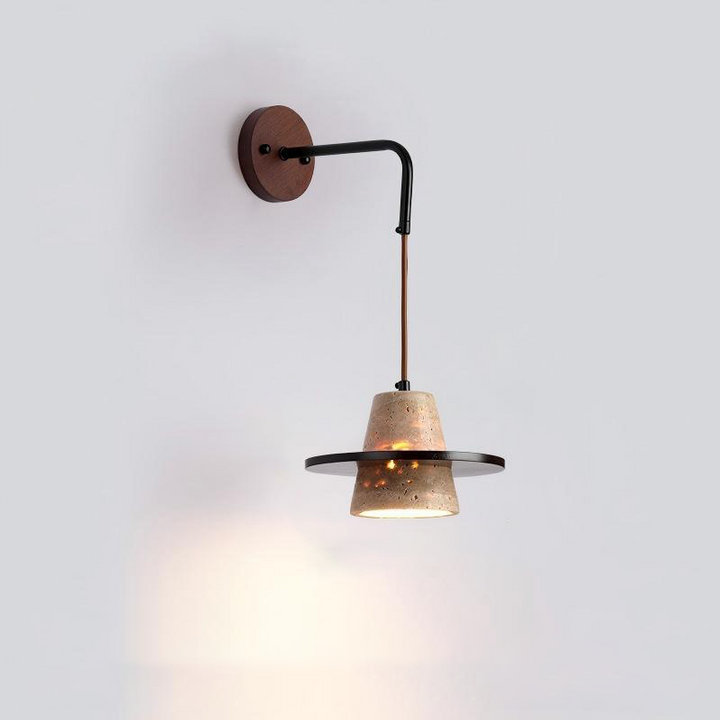 Traditional Japanese Travertine Solid Wood Round Cone 1-Light Wall Sconce Lamp For Living Room