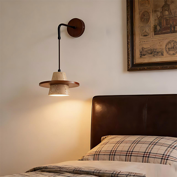 Traditional Japanese Travertine Solid Wood Round Cone 1-Light Wall Sconce Lamp For Living Room