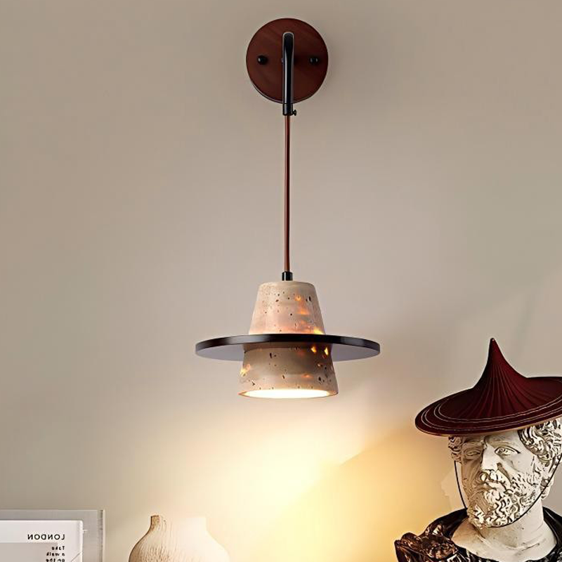 Traditional Japanese Travertine Solid Wood Round Cone 1-Light Wall Sconce Lamp For Living Room