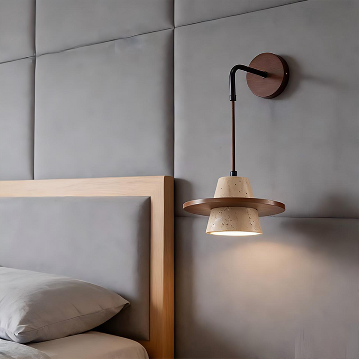 Traditional Japanese Travertine Solid Wood Round Cone 1-Light Wall Sconce Lamp For Living Room