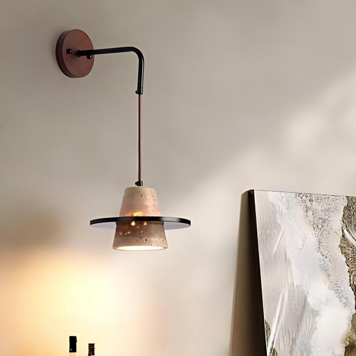 Traditional Japanese Travertine Solid Wood Round Cone 1-Light Wall Sconce Lamp For Living Room