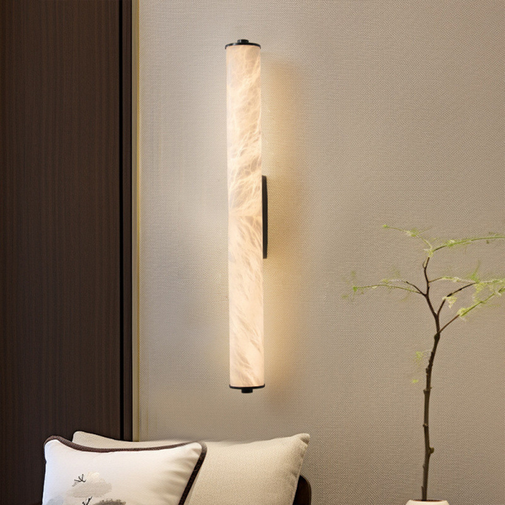 Traditional Chinese Copper Marble Cylinder Square LED Wall Sconce Lamp For Living Room