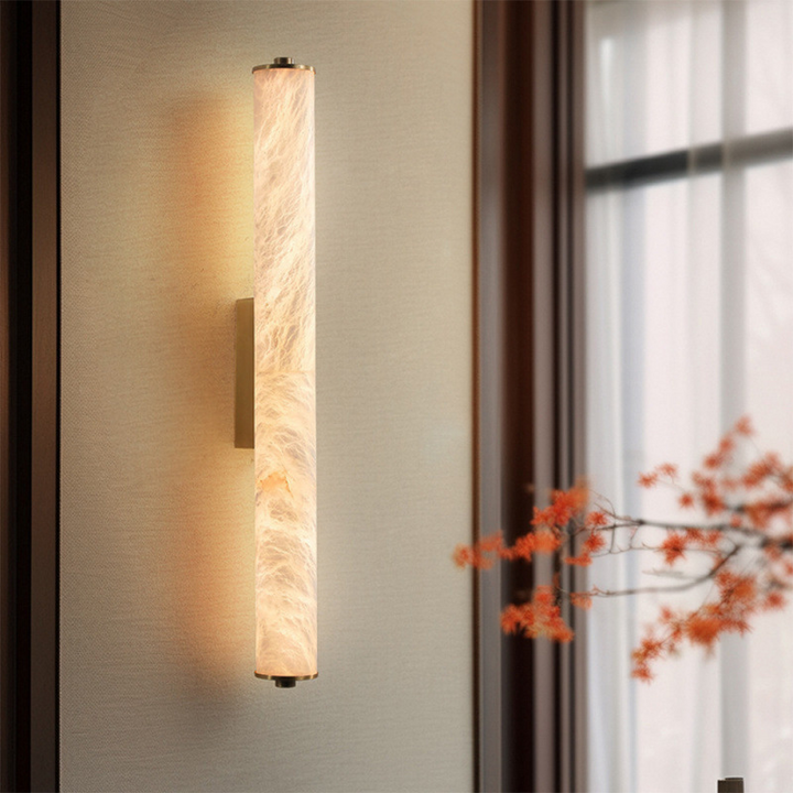 Traditional Chinese Copper Marble Cylinder Square LED Wall Sconce Lamp For Living Room