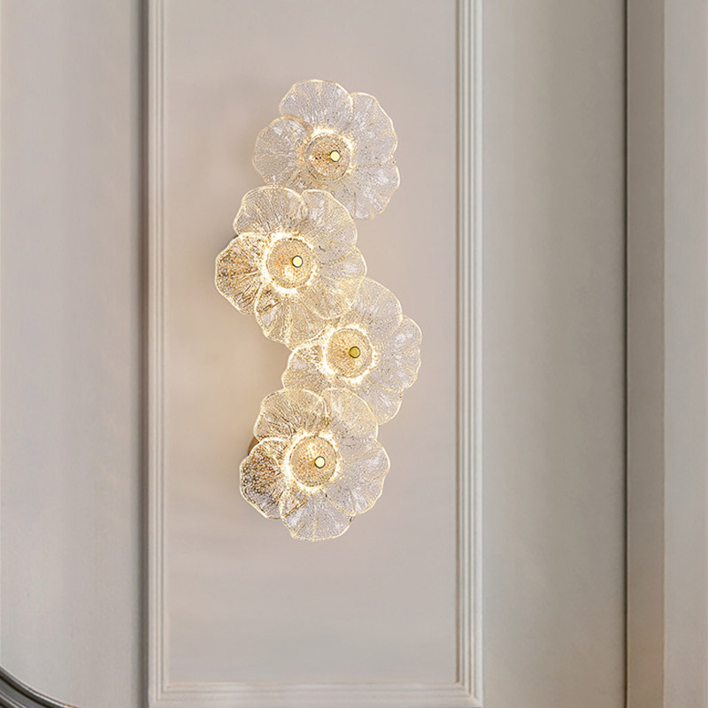 Traditionelle runde LED-Wandleuchte aus Metall und Glas im französischen Stil mit Blumenmotiv fürs Wohnzimmer 