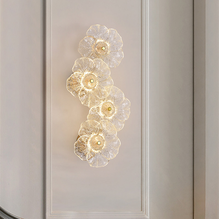 Traditionelle runde LED-Wandleuchte aus Metall und Glas im französischen Stil mit Blumenmotiv fürs Wohnzimmer 