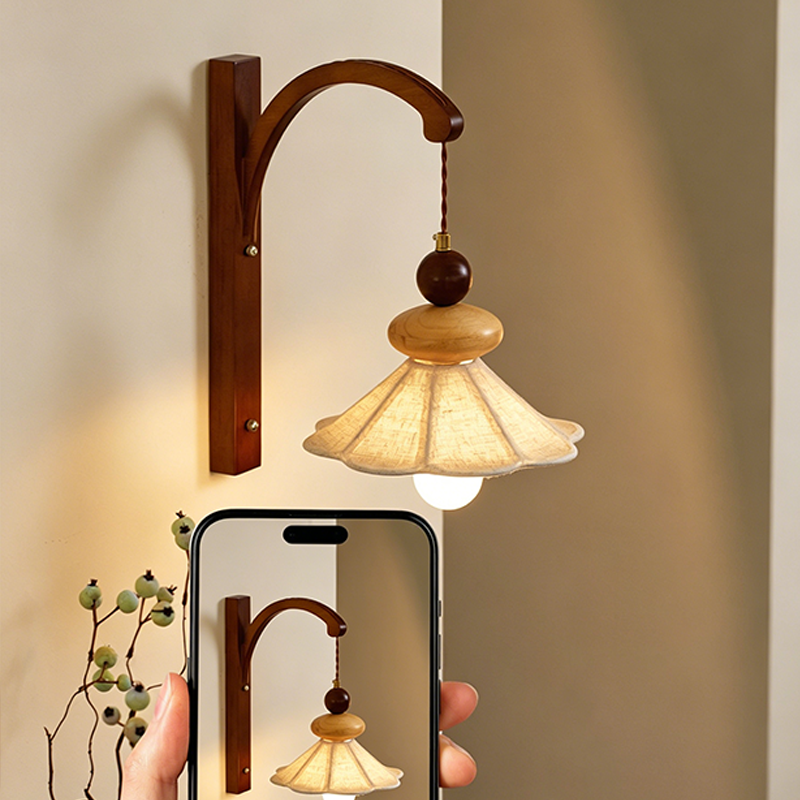 Traditional Chinese Fabric Solid Wood Round Rectangular Umbrella 1 Light Wall Sconce Lamp For Living Room