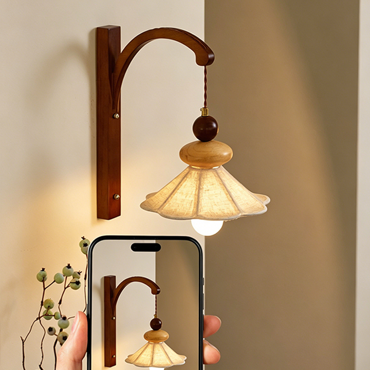 Traditional Chinese Fabric Solid Wood Round Rectangular Umbrella 1 Light Wall Sconce Lamp For Living Room