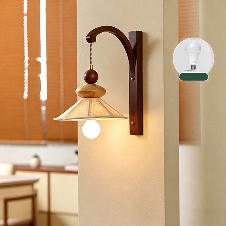 Traditional Chinese Fabric Solid Wood Round Rectangular Umbrella 1 Light Wall Sconce Lamp For Living Room