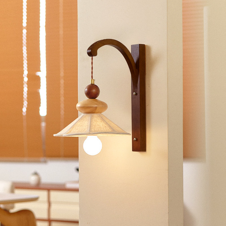 Traditional Chinese Fabric Solid Wood Round Rectangular Umbrella 1 Light Wall Sconce Lamp For Living Room