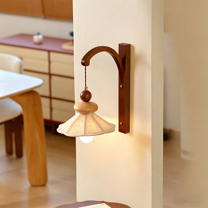 Traditional Chinese Fabric Solid Wood Round Rectangular Umbrella 1 Light Wall Sconce Lamp For Living Room