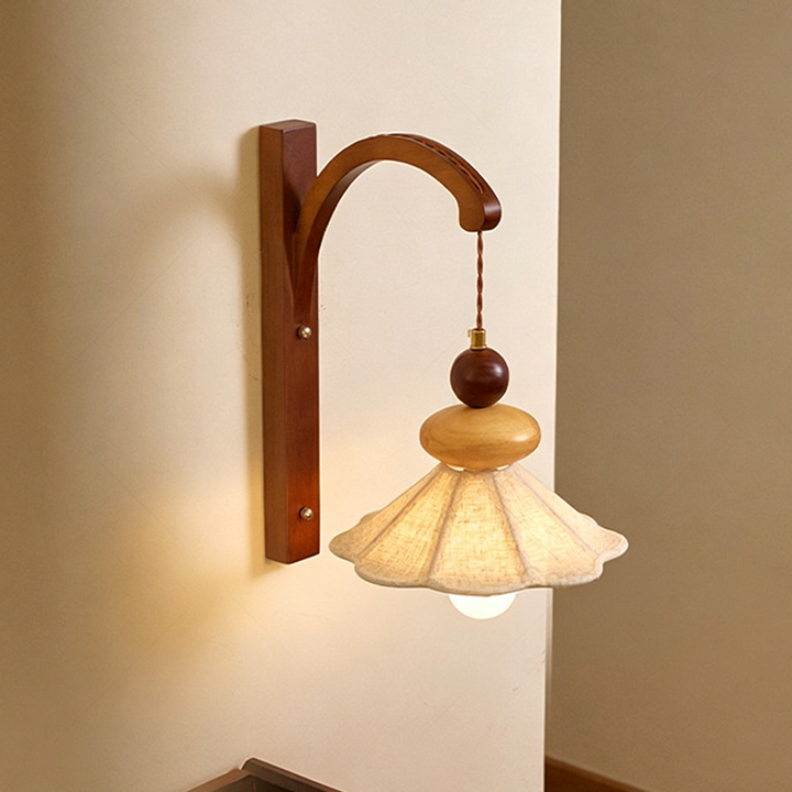 Traditional Chinese Fabric Solid Wood Round Rectangular Umbrella 1 Light Wall Sconce Lamp For Living Room