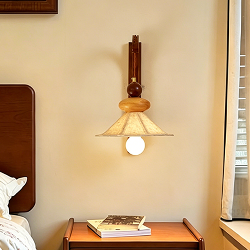 Traditional Chinese Fabric Solid Wood Round Rectangular Umbrella 1 Light Wall Sconce Lamp For Living Room