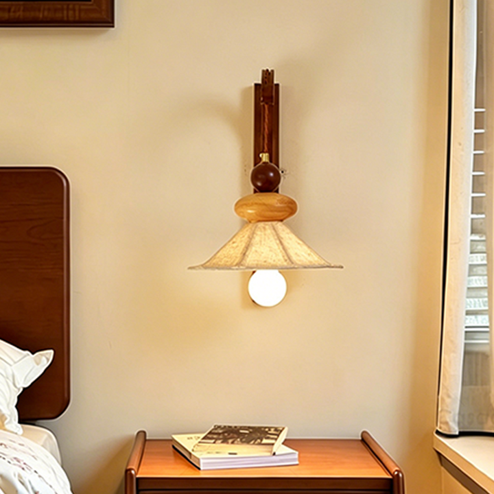 Traditional Chinese Fabric Solid Wood Round Rectangular Umbrella 1 Light Wall Sconce Lamp For Living Room