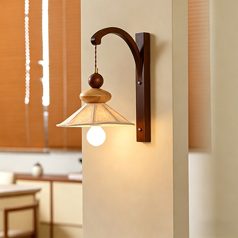 Traditional Chinese Fabric Solid Wood Round Rectangular Umbrella 1 Light Wall Sconce Lamp For Living Room