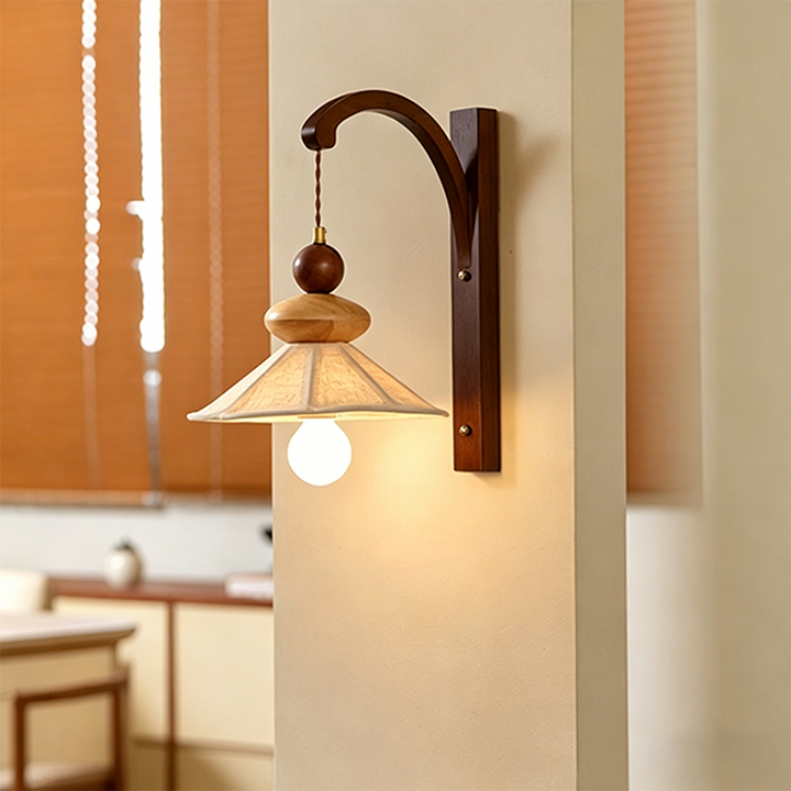 Traditional Chinese Fabric Solid Wood Round Rectangular Umbrella 1 Light Wall Sconce Lamp For Living Room