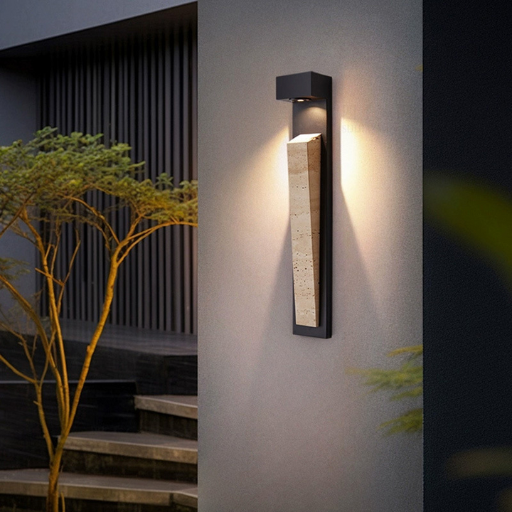 Traditional Chinese Carbon Steel Travertine Waterproof Rectangular LED Wall Sconce Lamp For Outdoor Patio