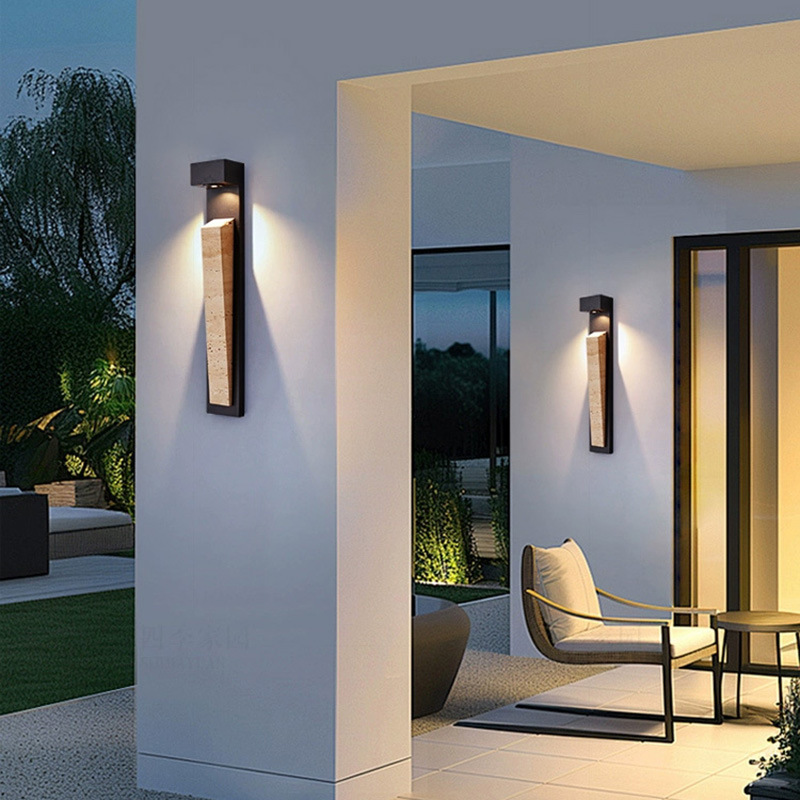 Traditional Chinese Carbon Steel Travertine Waterproof Rectangular LED Wall Sconce Lamp For Outdoor Patio