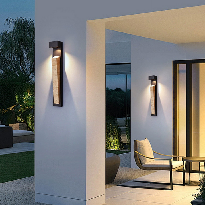 Traditional Chinese Carbon Steel Travertine Waterproof Rectangular LED Wall Sconce Lamp For Outdoor Patio