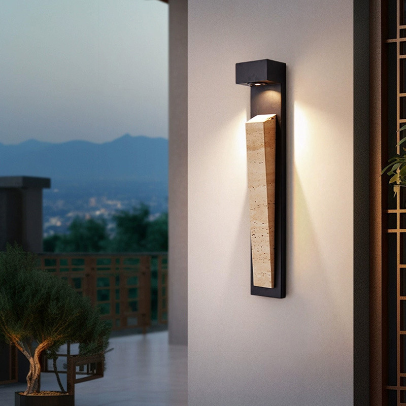 Traditional Chinese Carbon Steel Travertine Waterproof Rectangular LED Wall Sconce Lamp For Outdoor Patio