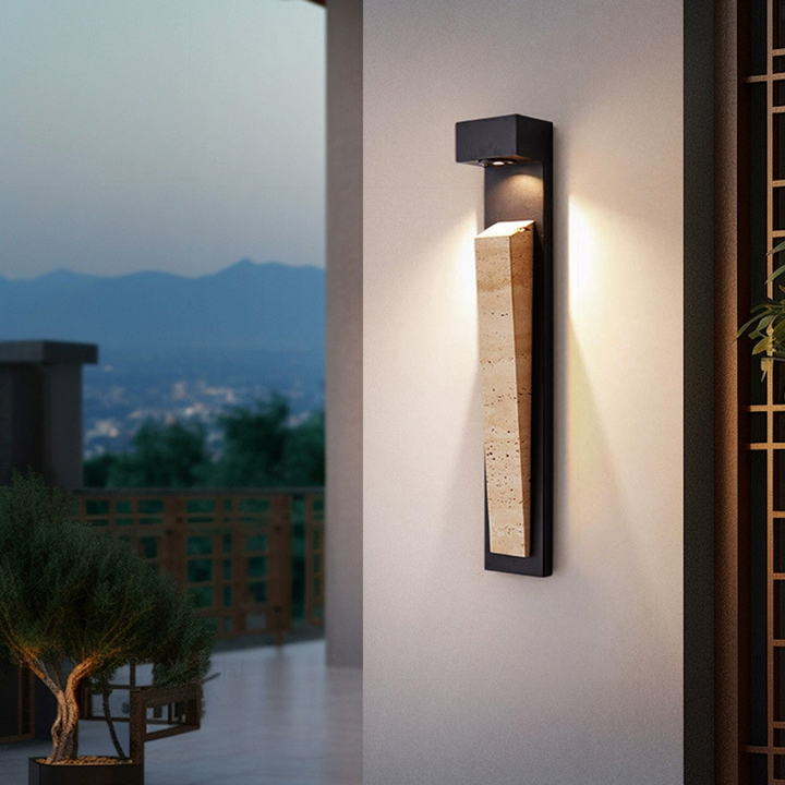 Traditional Chinese Carbon Steel Travertine Waterproof Rectangular LED Wall Sconce Lamp For Outdoor Patio