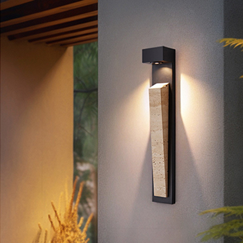 Traditional Chinese Carbon Steel Travertine Waterproof Rectangular LED Wall Sconce Lamp For Outdoor Patio