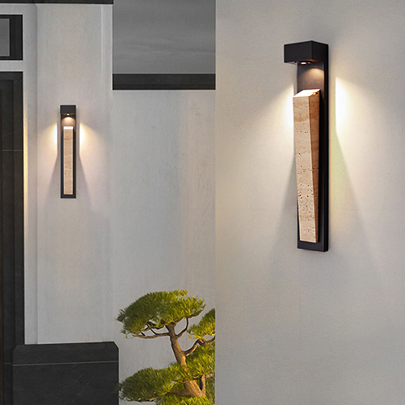 Traditional Chinese Carbon Steel Travertine Waterproof Rectangular LED Wall Sconce Lamp For Outdoor Patio