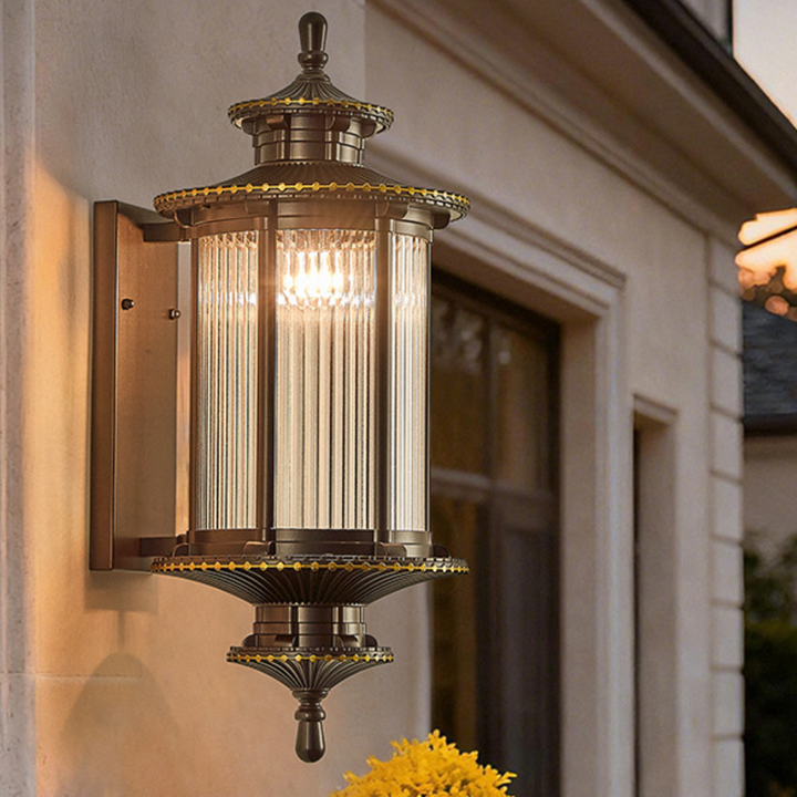 Traditionelle chinesische Wandleuchte für den Außenbereich aus verzinktem Stahl und Glas in sechseckiger/rechteckiger Form, 1/2-flammig, für Terrasse 