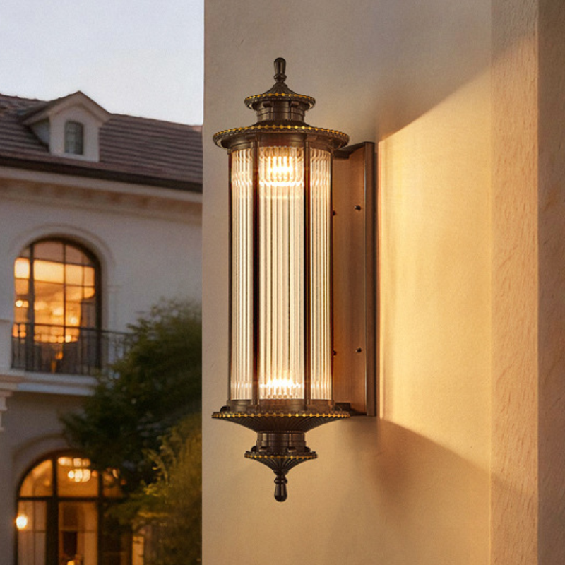 Traditionelle chinesische Wandleuchte für den Außenbereich aus verzinktem Stahl und Glas in sechseckiger/rechteckiger Form, 1/2-flammig, für Terrasse 