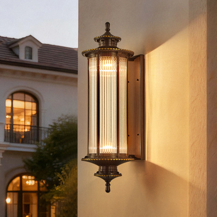 Traditionelle chinesische Wandleuchte für den Außenbereich aus verzinktem Stahl und Glas in sechseckiger/rechteckiger Form, 1/2-flammig, für Terrasse 