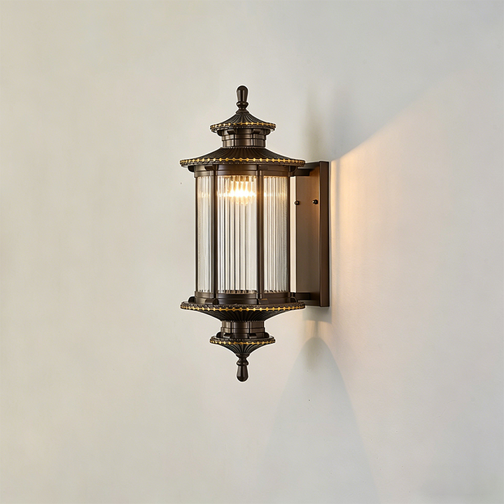 Traditionelle chinesische Wandleuchte für den Außenbereich aus verzinktem Stahl und Glas in sechseckiger/rechteckiger Form, 1/2-flammig, für Terrasse 