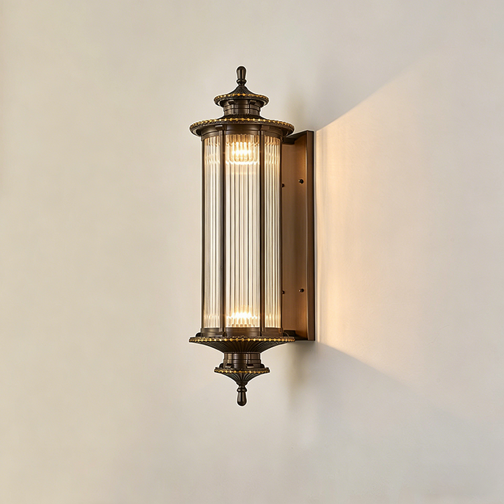 Traditionelle chinesische Wandleuchte für den Außenbereich aus verzinktem Stahl und Glas in sechseckiger/rechteckiger Form, 1/2-flammig, für Terrasse 
