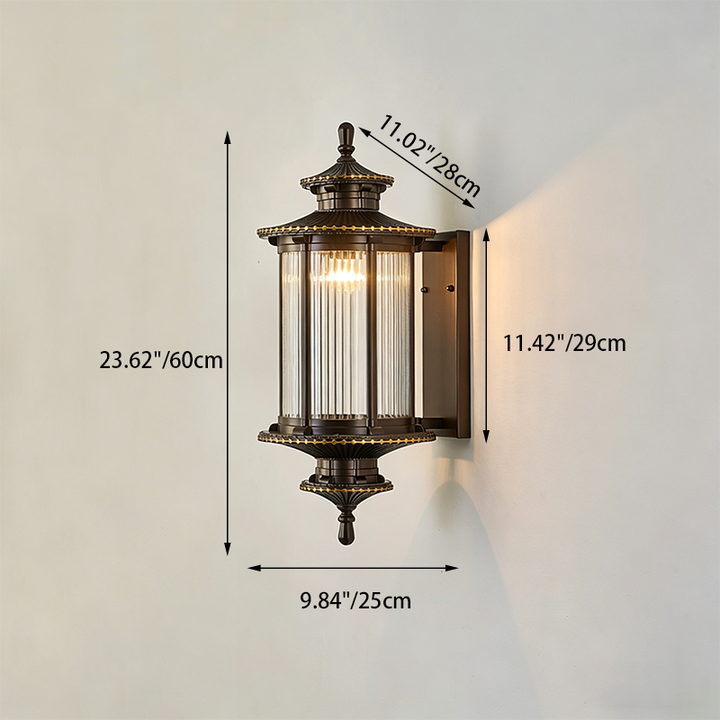 Traditionelle chinesische Wandleuchte für den Außenbereich aus verzinktem Stahl und Glas in sechseckiger/rechteckiger Form, 1/2-flammig, für Terrasse 