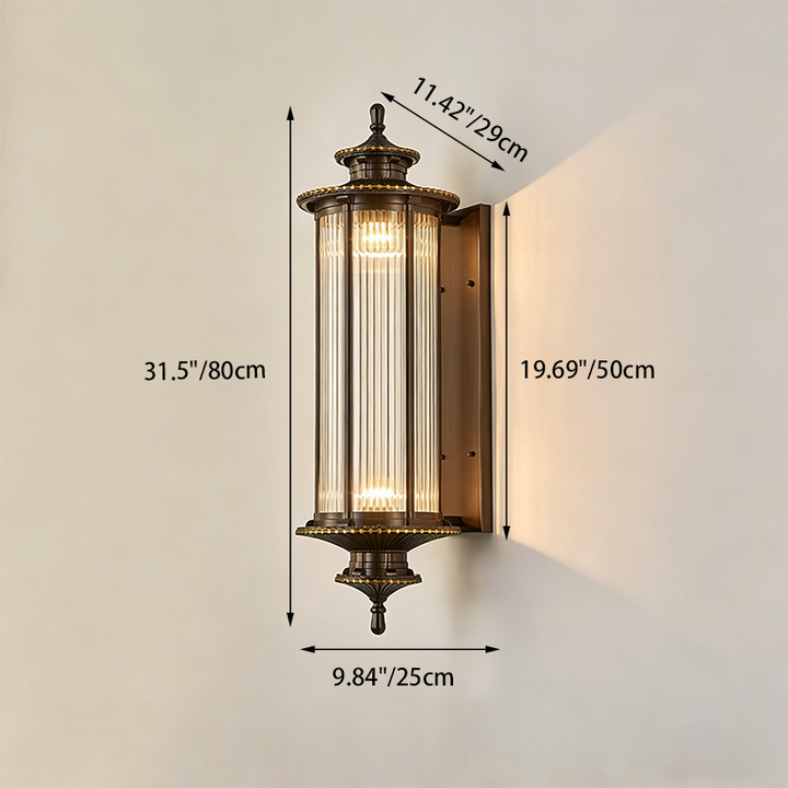 Traditionelle chinesische Wandleuchte für den Außenbereich aus verzinktem Stahl und Glas in sechseckiger/rechteckiger Form, 1/2-flammig, für Terrasse 