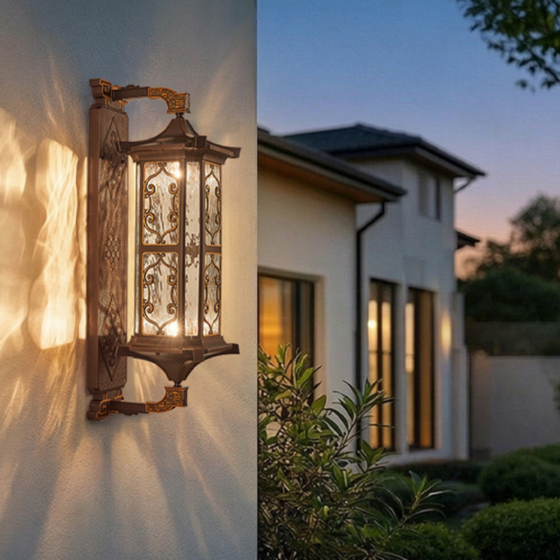 Traditional Vintage Galvanized Steel Aluminum Glass Rectangular Carved 2-Light Wall Sconce Lamp For Outdoor Patio