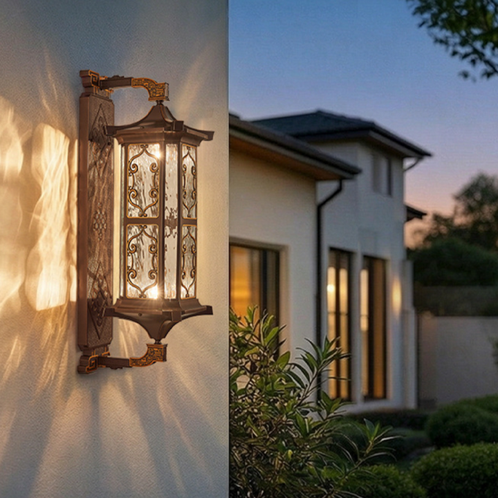 Traditional Vintage Galvanized Steel Aluminum Glass Rectangular Carved 2-Light Wall Sconce Lamp For Outdoor Patio