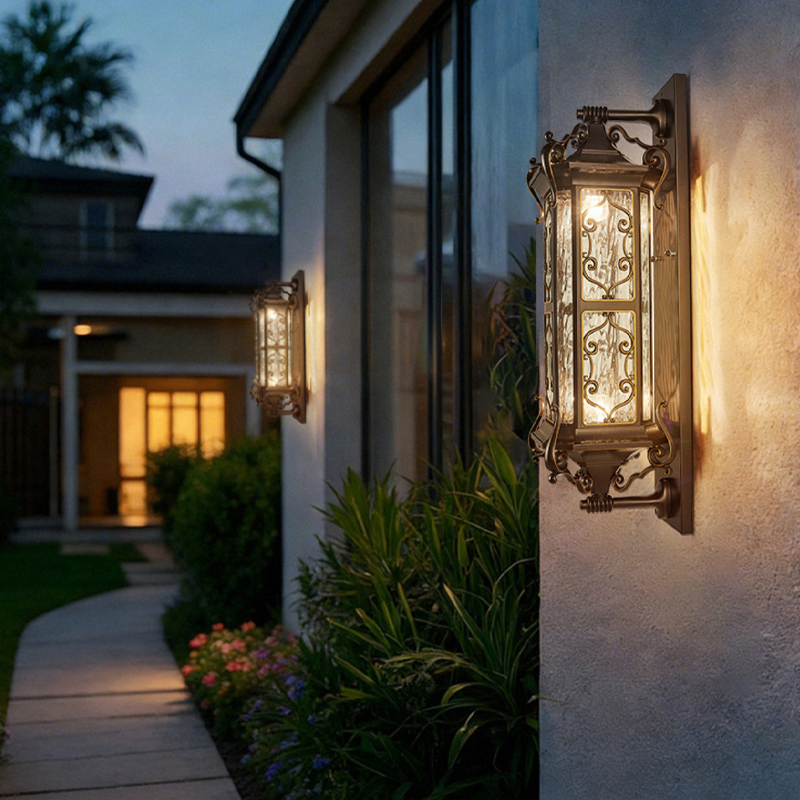 Traditional Vintage Galvanized Steel Aluminum Glass Rectangular Carved 2-Light Wall Sconce Lamp For Outdoor Patio