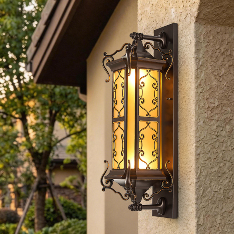 Traditional Vintage Galvanized Steel Aluminum Glass Rectangular Carved 2-Light Wall Sconce Lamp For Outdoor Patio