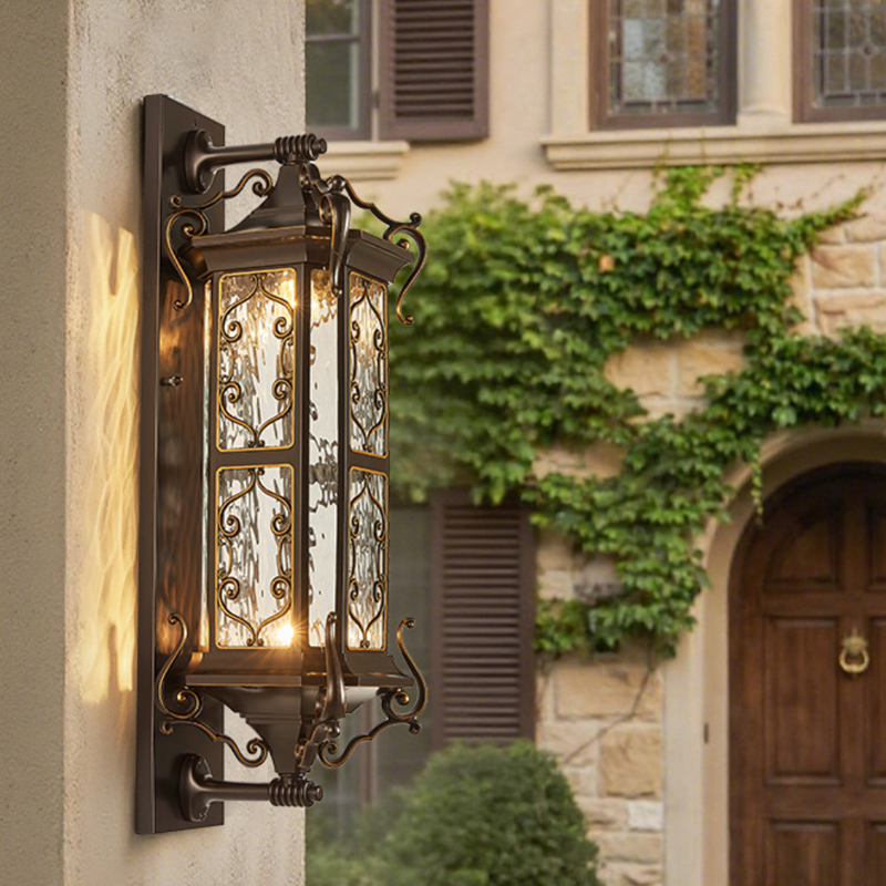 Traditional Vintage Galvanized Steel Aluminum Glass Rectangular Carved 2-Light Wall Sconce Lamp For Outdoor Patio