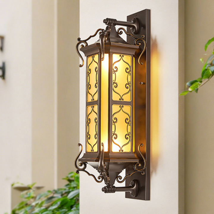 Traditional Vintage Galvanized Steel Aluminum Glass Rectangular Carved 2-Light Wall Sconce Lamp For Outdoor Patio