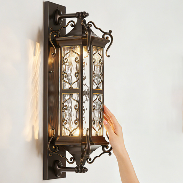 Traditional Vintage Galvanized Steel Aluminum Glass Rectangular Carved 2-Light Wall Sconce Lamp For Outdoor Patio