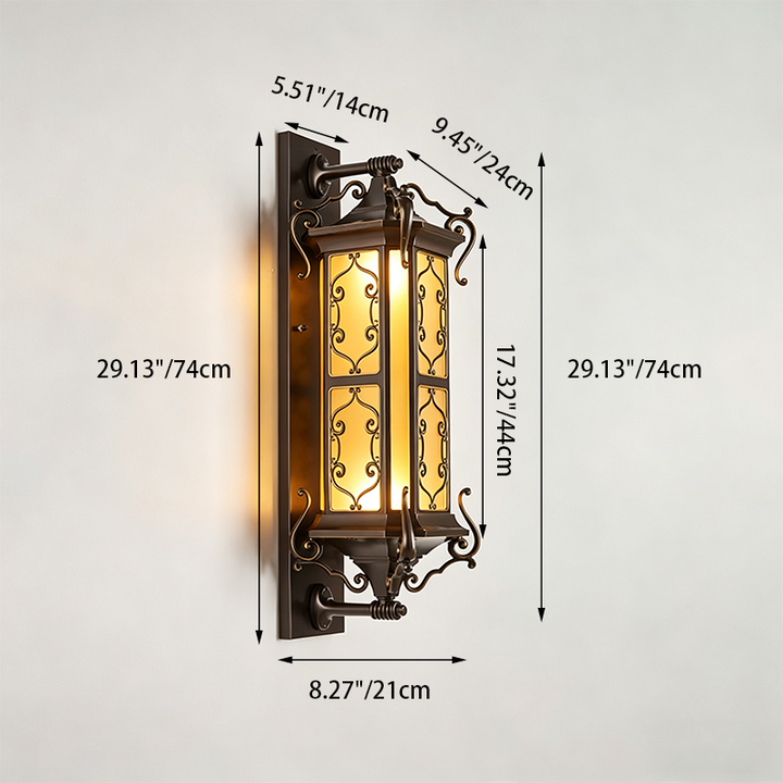 Traditional Vintage Galvanized Steel Aluminum Glass Rectangular Carved 2-Light Wall Sconce Lamp For Outdoor Patio