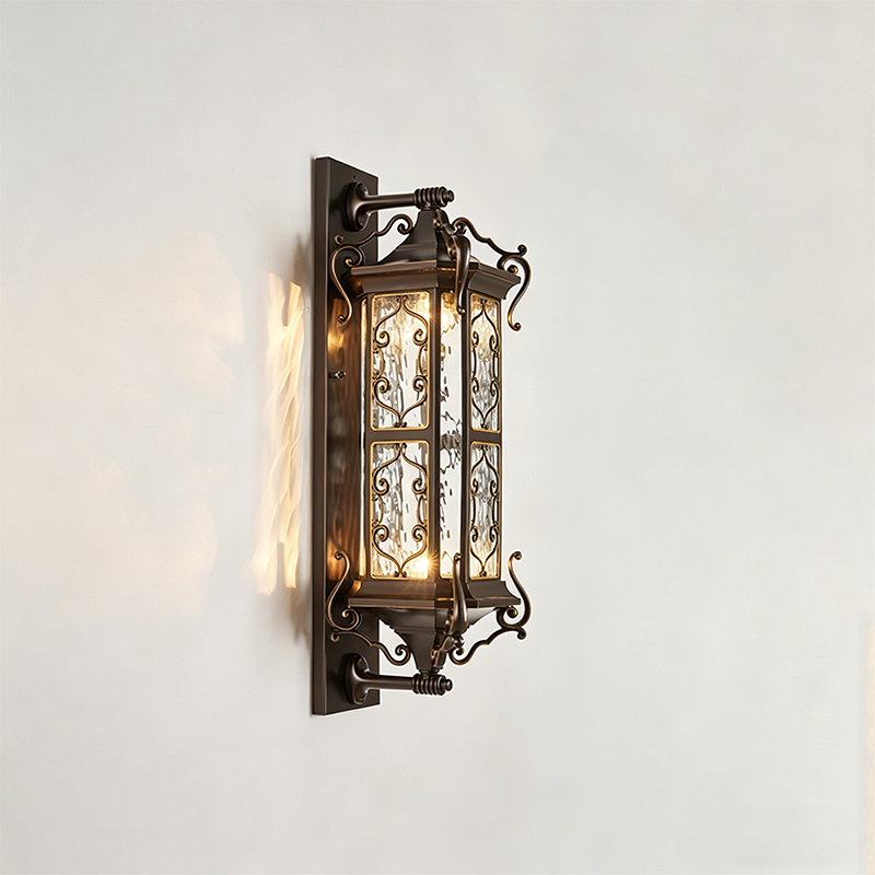 Traditional Vintage Galvanized Steel Aluminum Glass Rectangular Carved 2-Light Wall Sconce Lamp For Outdoor Patio