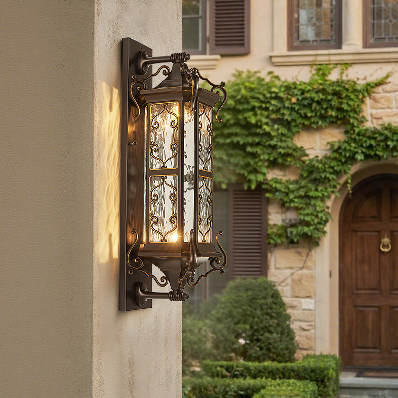 Traditional Vintage Galvanized Steel Aluminum Glass Rectangular Carved 2-Light Wall Sconce Lamp For Outdoor Patio