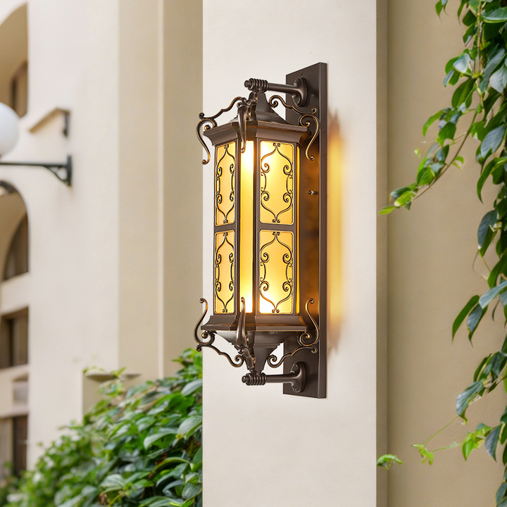Traditional Vintage Galvanized Steel Aluminum Glass Rectangular Carved 2-Light Wall Sconce Lamp For Outdoor Patio